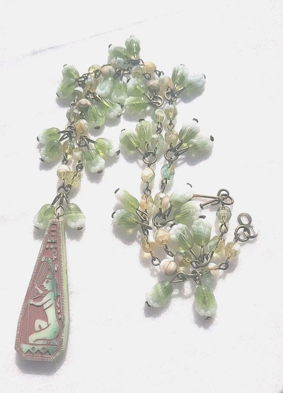 SALE! ANTIQUE NEIGER EGYPTIAN GLASS PENDANT PAPYRUS FLOWER NECKLACE SET OOAK