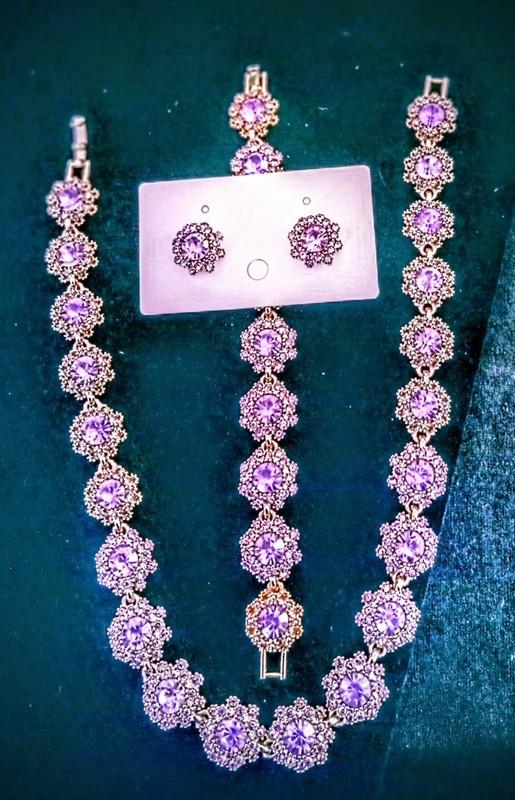 4 Pc Lavender Rhinestone Boho Bracelet Necklace Earrings