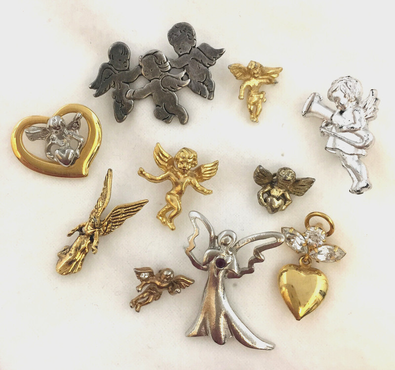 Angel Tack Pins Brooches Some Marked Various Sizes Gold Silver Tones Lot of 11