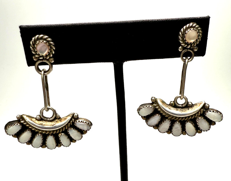 Vintage Sterling Silver & Mother of Pearl Fan Dangle Earrings With LMB Hallmark