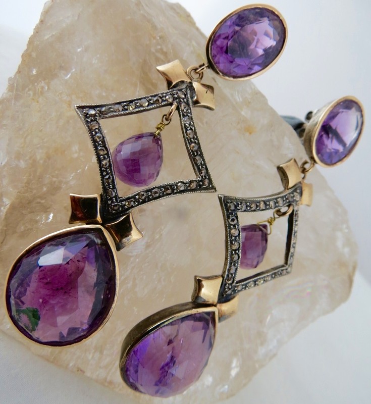 Natural Amethyst 10+ct Natural Diamond 18k Gold & Sterling Silver Earrings gallery