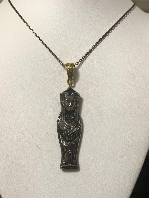NEW ITEM*RARE CZECH GLASS EGYPTIAN REVIVAL SARCOPHAGUS PENDANT NECKLACE.blk/gold