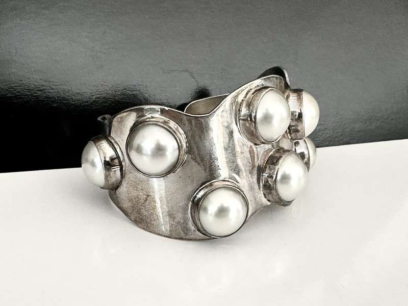 Mexico Southwest Sterling Silver Bracelet Pearl 925 Vintage Signed Modernist 77g gallery