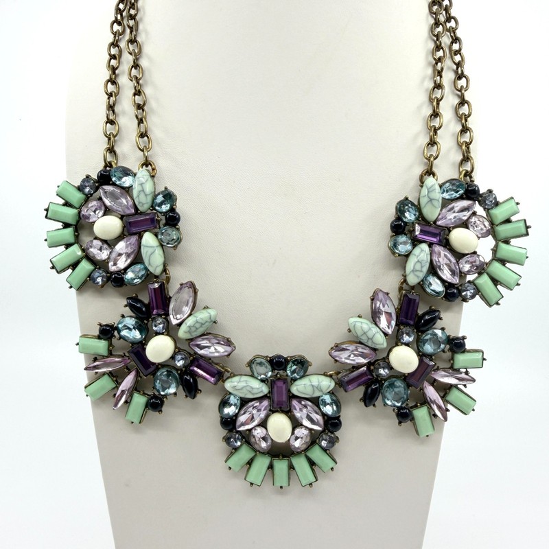 Vintage Brass Tone Rhinestone Mosaic Statement Necklace Cluster Chunky Bib Retro