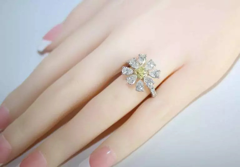 3.24 Carat Fancy Intense Yellow Citrine and White CZ Daisy Flower Weddings Ring