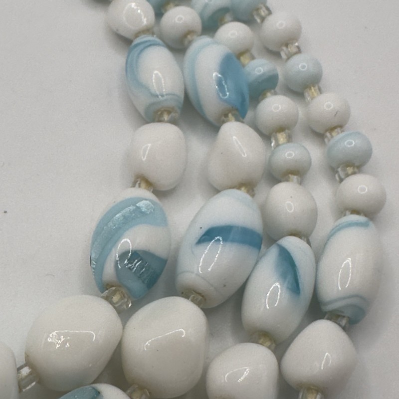 Vintage Multi 4 Strand Necklace Blue White Art Glass Beaded 17" Choker Bib Japan gallery