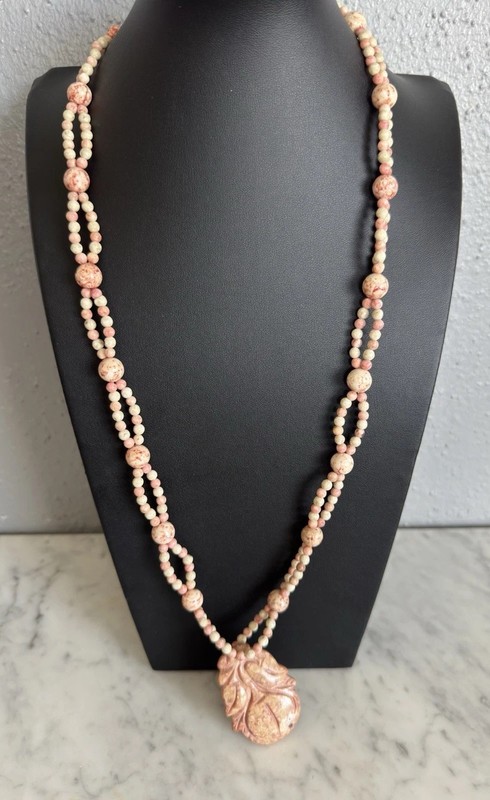 Vintage Jasper Carved Stone Figural Pendant & Continuous Bead Necklace 30" gallery