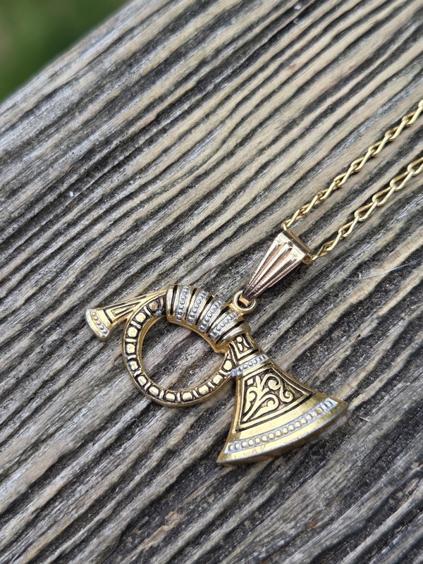 Vintage Damascene French Horn Pendant Necklace Chain Gold Tone Band Music