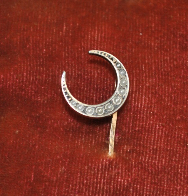 Antique Silver & Gold-Plate Crescent Moon with Seed Pearls Stick Pin