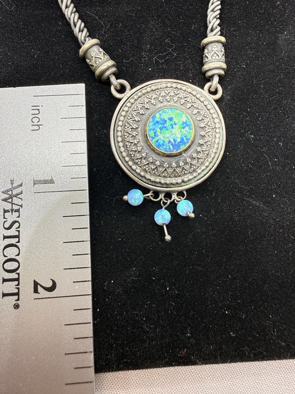 Vintage 925 Sterling Silver 14K Opal Necklace MGJ Artisan Medallion Pendant 18” gallery