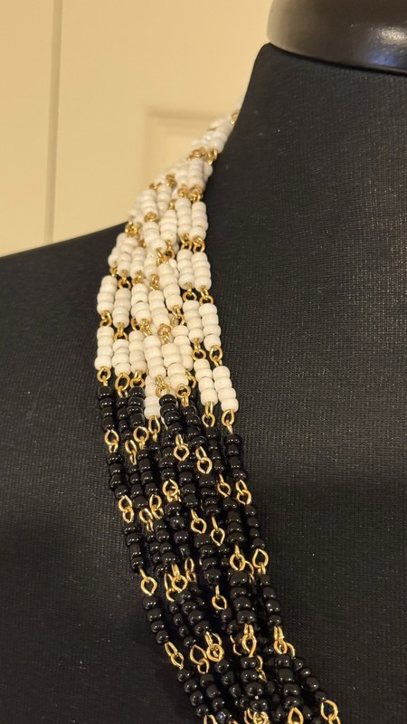 Vintage 10 Strand Black/White/Gold Beaded Chunky Statement Necklace/Cream Clasp gallery