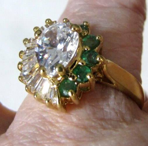 Sterling Silver CZ Teardrop Ring Baguette Halo Green Accent Stones Channel Set 8