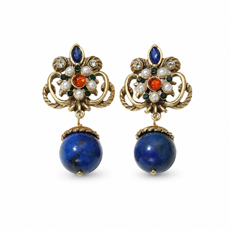 Gold-Plated Lapis Lazuli Drop Earrings Titanium Posts Vintage Statement