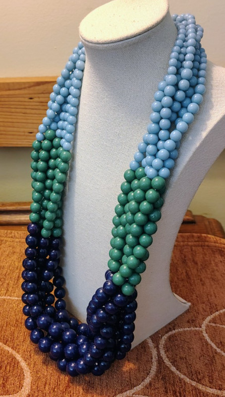 Vtg 90s Chunky Baby Blue Green Navy 6 Multi Strand Necklace 24-29" Adjustable gallery