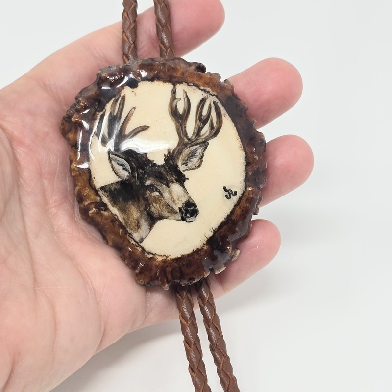 Hand Painted Buck Deer Antler Western Bolo Tie Signed Brown Braided Leather 19″