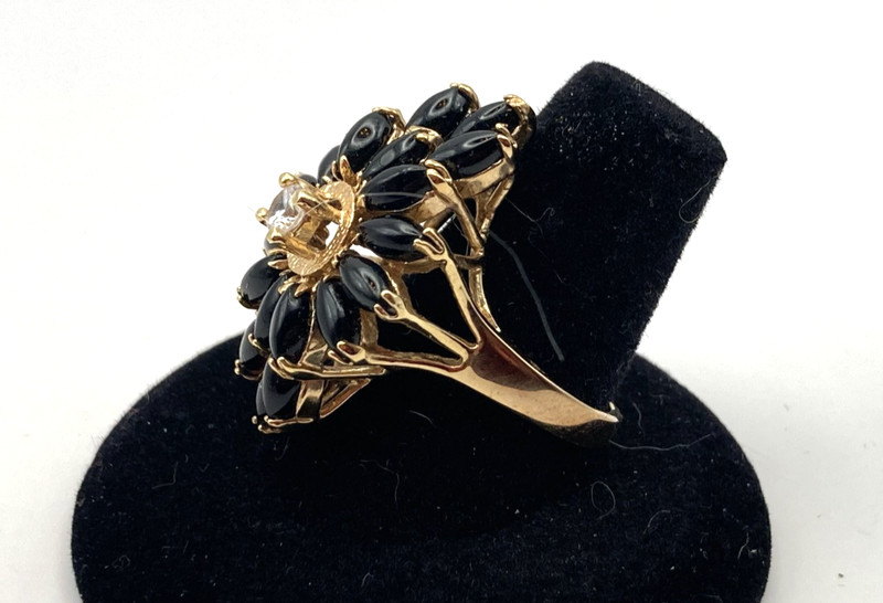 Vintage ONYX & CZ Sterling Vermeil Ring-Sz 8-925+Hallmarks-Marquis Cabochons gallery