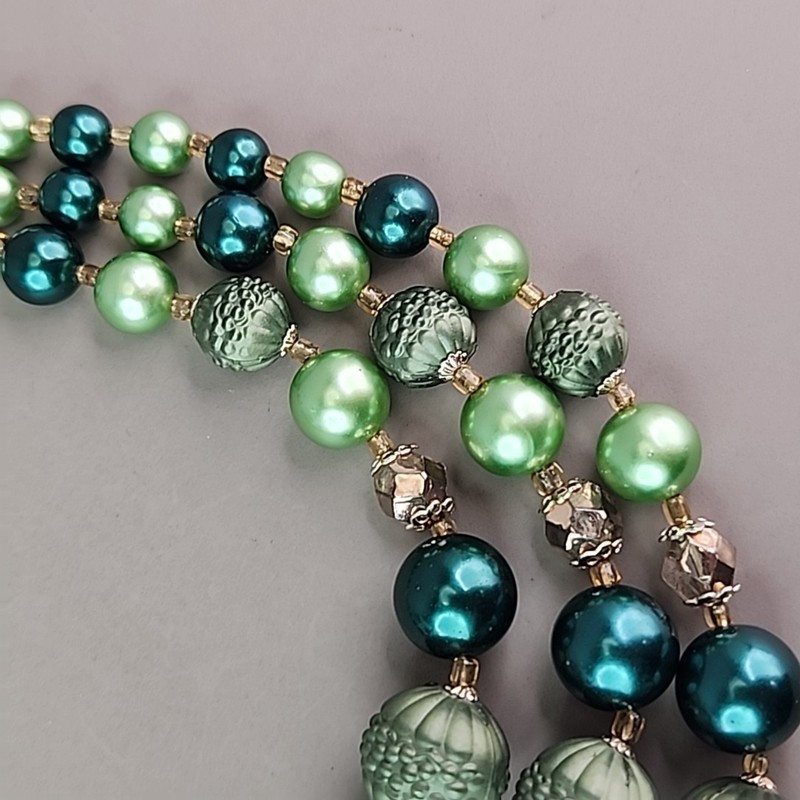 Vintage Beaded Necklace Green Triple Layered Acrylic Japan Choker 16" gallery