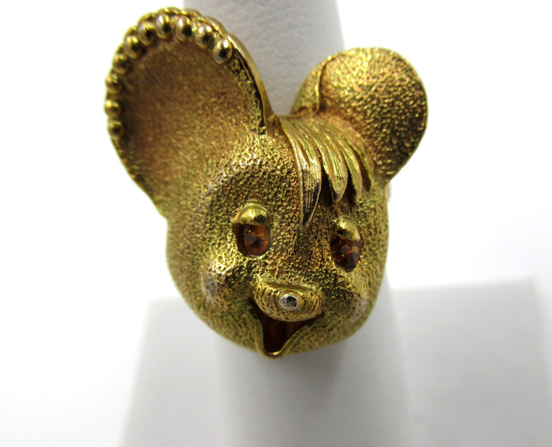 Unique Vintage Cartoon Mouse Ring Brushed Gold Tone Rhinestone Eyes Size 5 gallery
