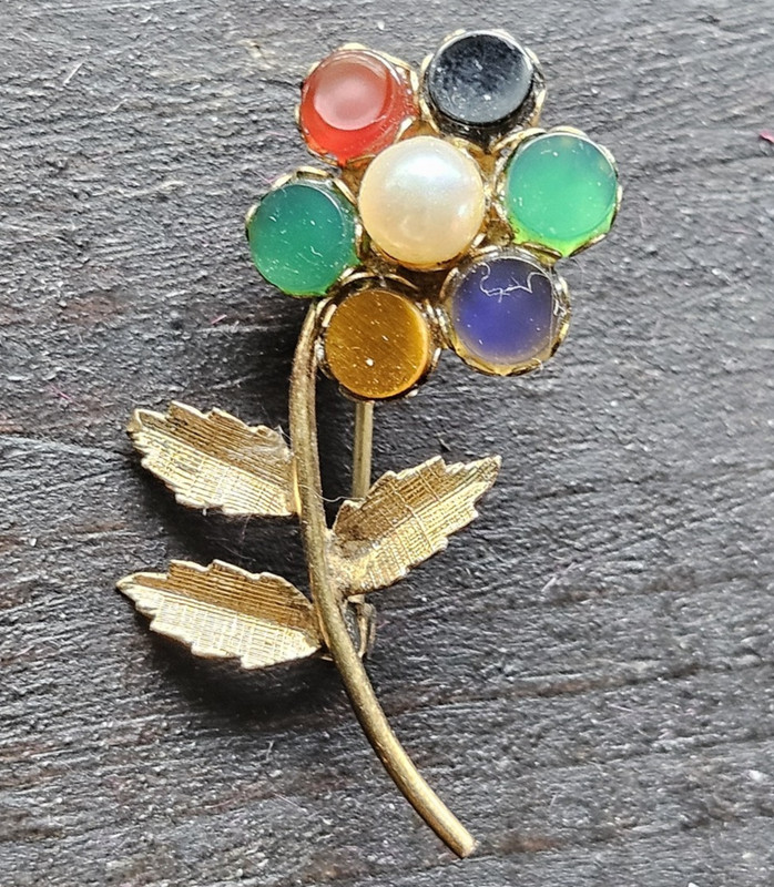 Vintage A&Z 12K Gold Filled Flower Brooch Multi Color Stones Pearl Pin Jewelry