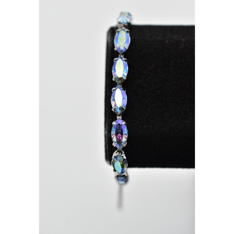 Vintage Crystal Bracelet Blue Aurora Borealis Rhinestone Prong Silver 60s BinAW