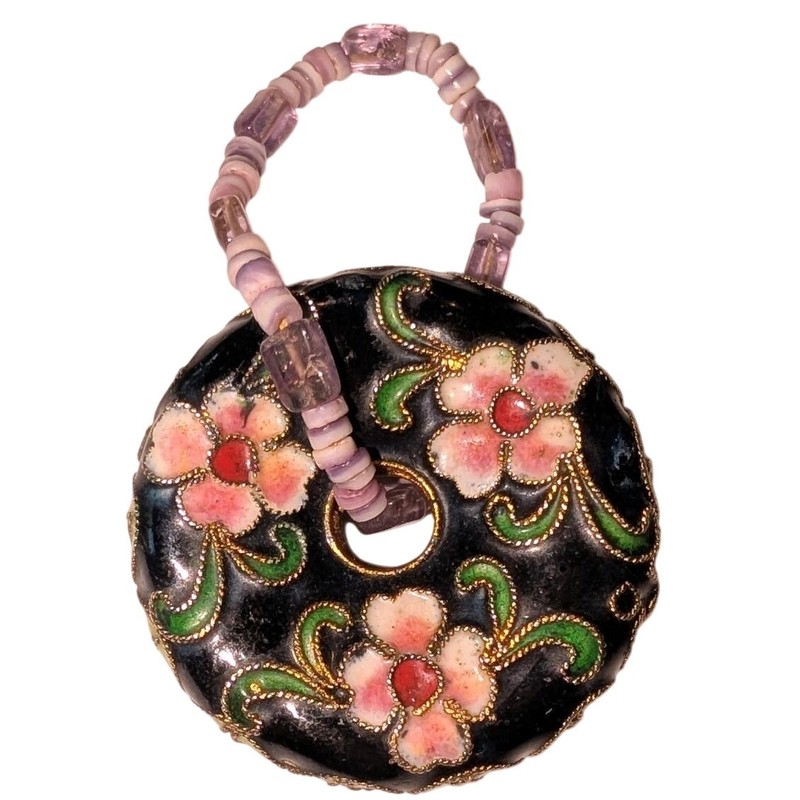 VTG Cloisonne Floral Round Donut Shaped Pendant Black Pink Green Beaded Bale gallery