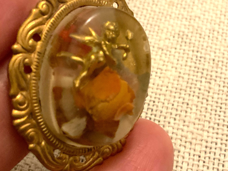 vintage cherub cupid dried rose flower pin ornate frame pin brooch 40s 50s gallery