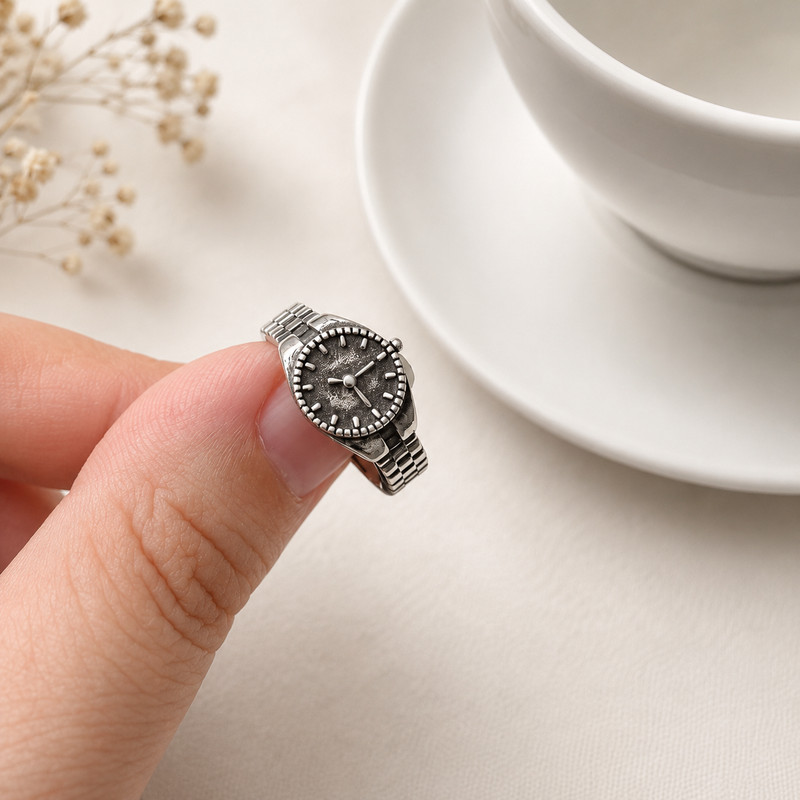 Vintage 925 Sterling Silver Watch Ring Adjustable Unique Women Jewellery Gift gallery