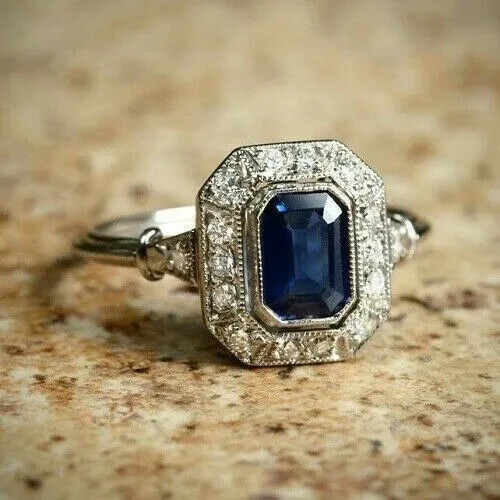 Art Deco Style 1.50Ct Lab-Created Blue Sapphire Halo Anniversary 925 Silver Ring