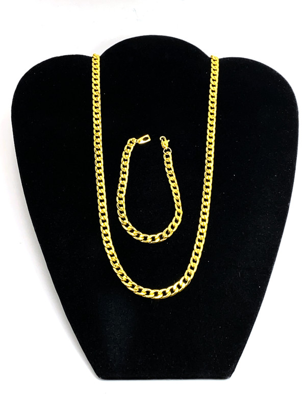 Gold Tone Cuban Chain Necklace Bracelet Set Highly Polished New Old Stock 28 in gallery