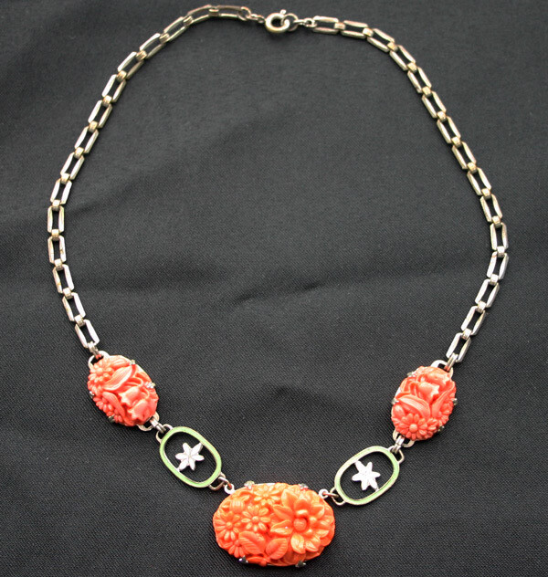 Vintage Coral Glass Flower Enamel Pendant Necklace