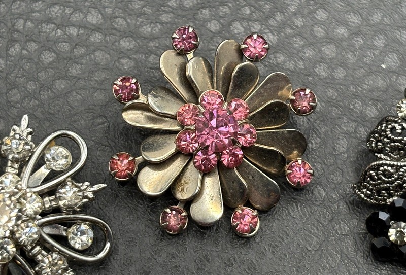Vintage Rhinestone Brooch Lot Of 5 Floral Flower Bow Pin AB Aurora Borealis gallery