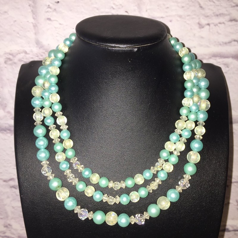 Vintage Multi-Strand Choker Necklace Faux Pearl Acrylic Crystal Beads
