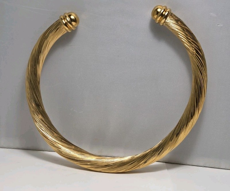 Vintage Wire Cable Torque Necklace Gold Tone Modernist Collar Rolled Wire