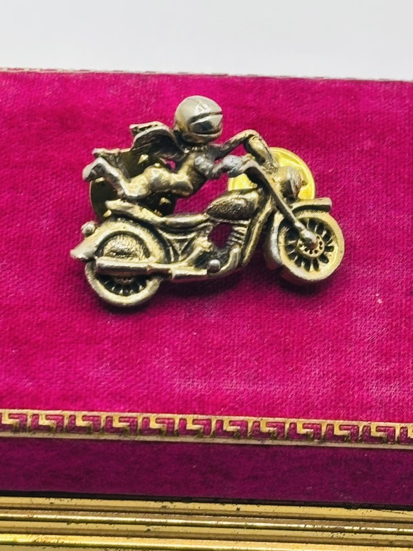 Vintage BIKER Camco Gold Motorcycle Helmeted Guardian Angel Lapel Brooch Pin gallery