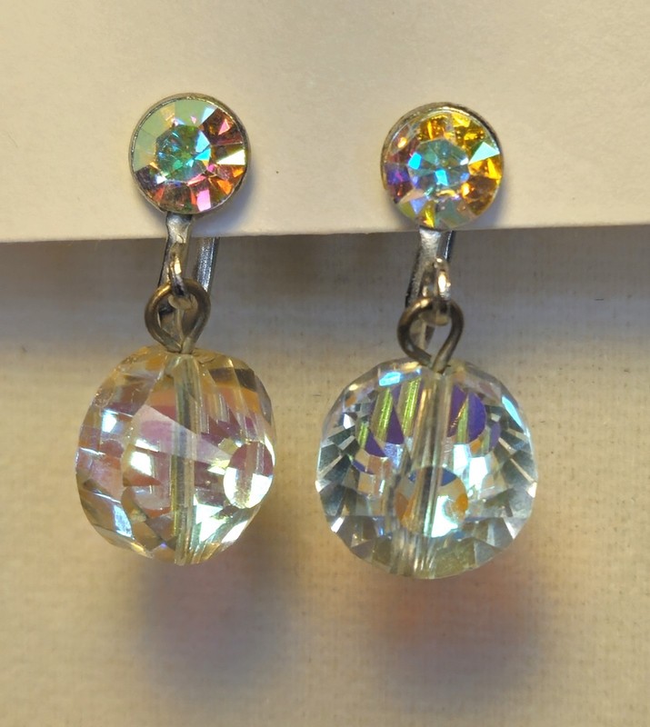 Clear Crystal Prism Earrings • Acrylic Dangle Ball • Silver Tone • 1 Inch