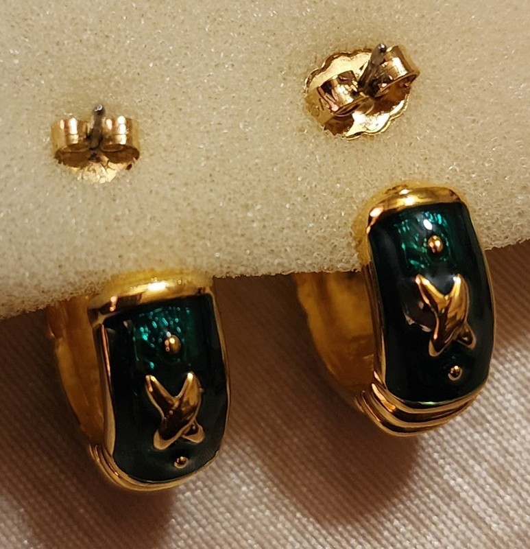 Vintage Joan Rivers Enamel Gold Tone Hoop Earrings Green, Red, Navy Blue Pierced gallery