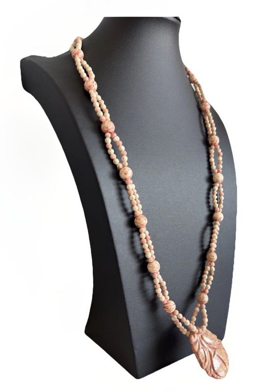 Vintage Jasper Carved Stone Figural Pendant & Continuous Bead Necklace 30" gallery