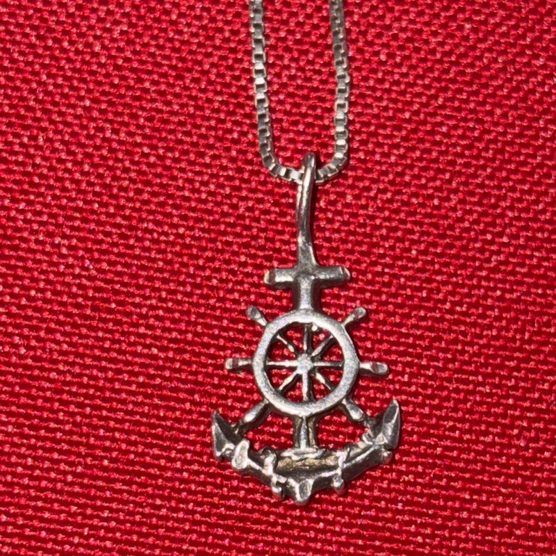 Sterling Silver Italy Box Chain 16″ & 925 Ships Wheel & Anchor Pendant Necklace