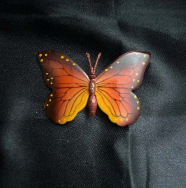 SIGNED Korea Vintage 1970s Hand-Painted Enamel Butterfly Brooch Pin gallery