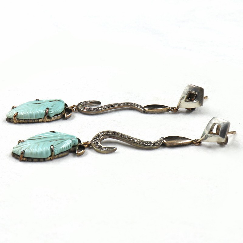 18k Gold 925 Sterling Silver Turquoise Leaves Natural Diamond Earrings 45ct gallery