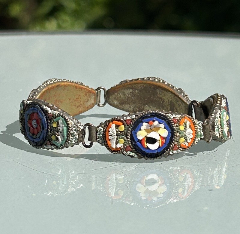 VTG Italian Multi Colored Micro Mosaic Five Panel Linked Bracelet – signed