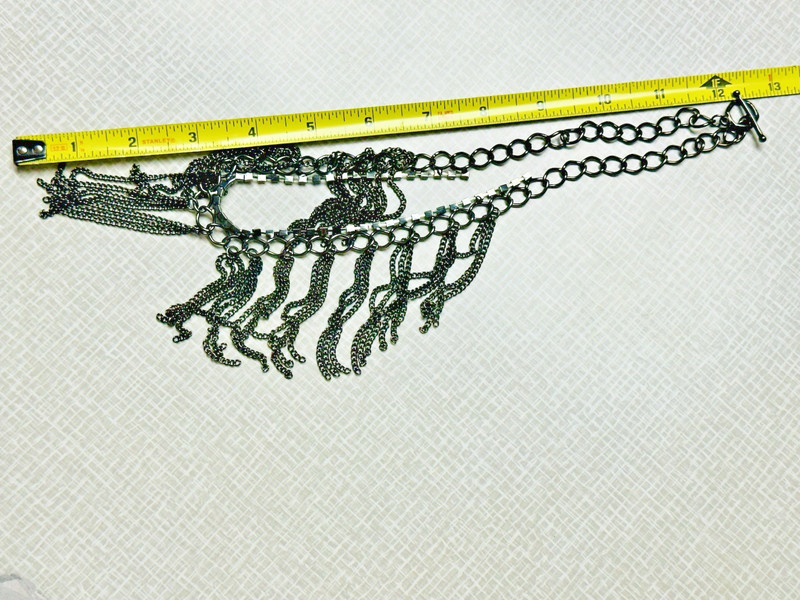 Silver Tone Chain Necklace Tassel Bib Rhinestone Accents n956 gallery