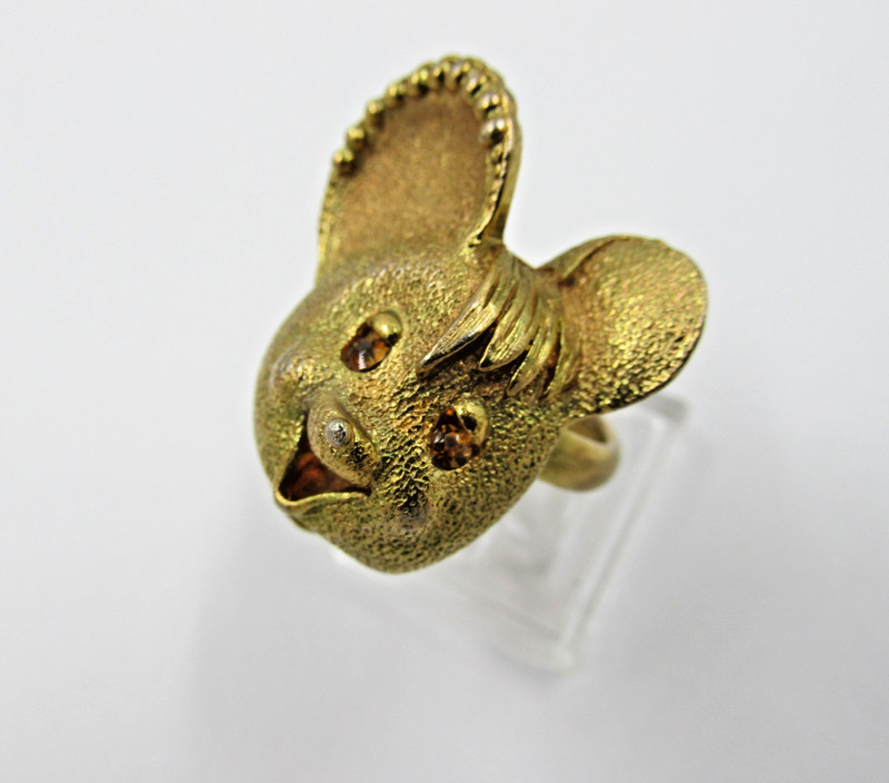 Unique Vintage Cartoon Mouse Ring Brushed Gold Tone Rhinestone Eyes Size 5 gallery