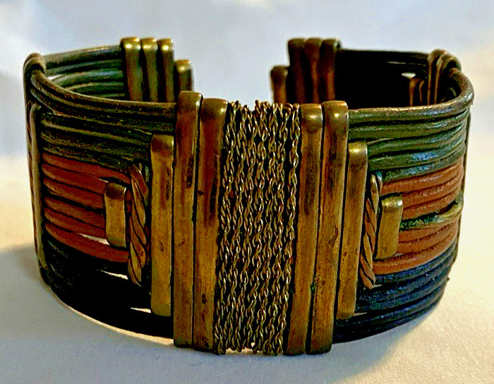 VTG Alexis Kirk 70’s Egyptian Style Tribal Leather & Metal Necklace & Bracelet gallery