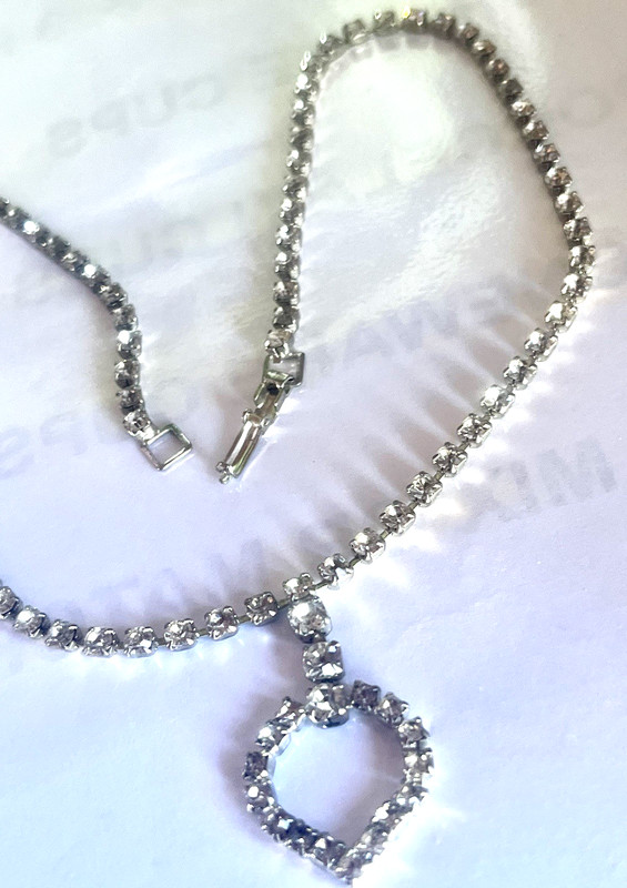 Jewelry Necklace Collar Heart Choker Rhinestone Silver Tone 16” Length VINTAGE gallery