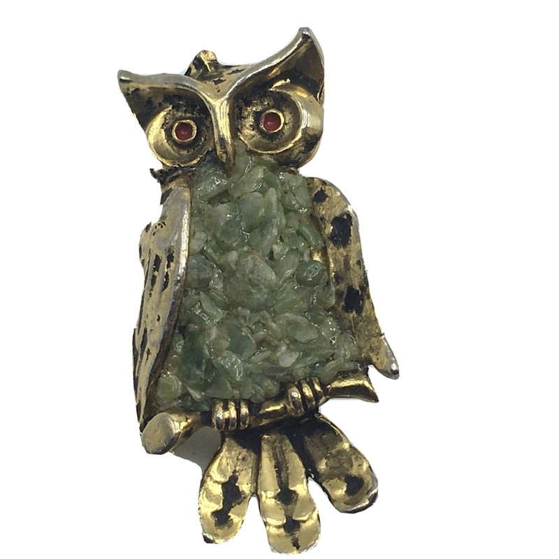 Vtg Gold Tone Green Stone Owl Bird Brooch pin Jewelry Accessory Costume Sweet gallery