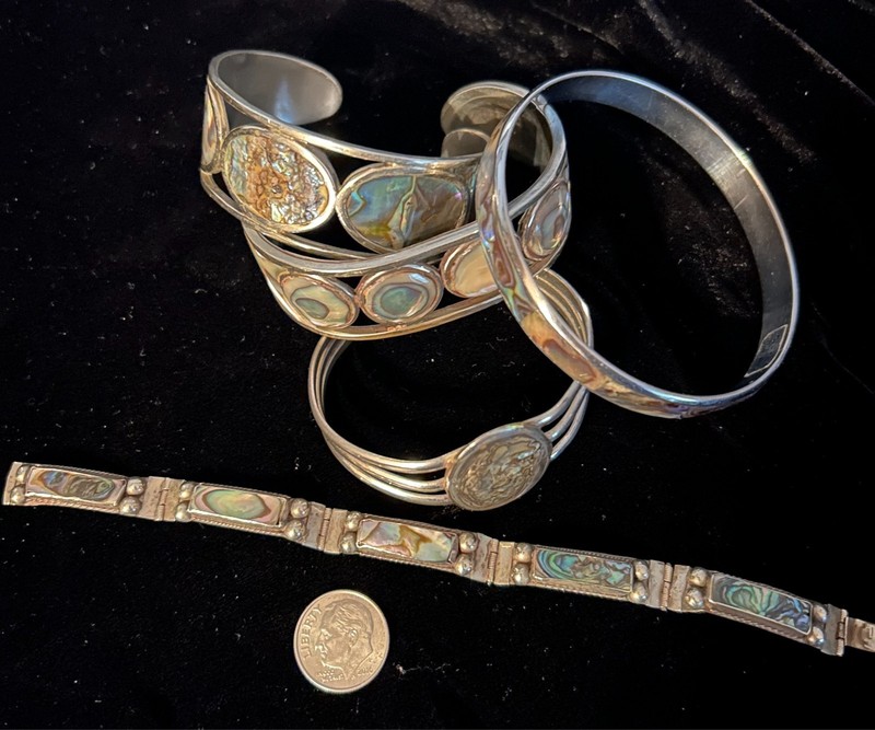 5 pc Vintage 60s 70s Alpaca Silver Mexico Abalone Cuff Bangle Panel Bracelet Lot gallery