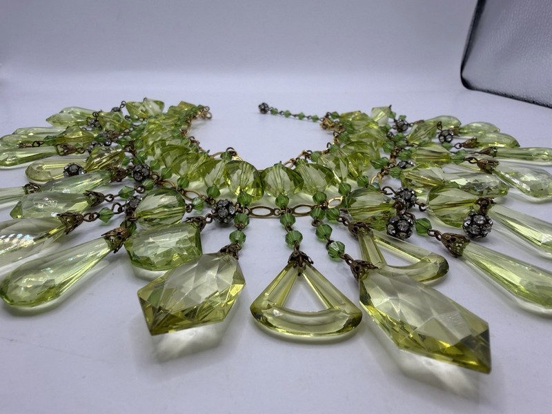 Stunning Vintage 1950s-60s Green Czech Glass Huge Dangling Beaded Bib Necklace gallery
