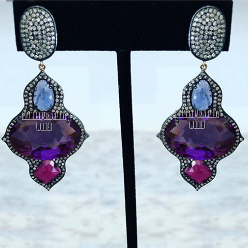 Amazing 2.55ctw Rose Cut Diamond Gemstone Studded Silver Vintage Earring Jewelry