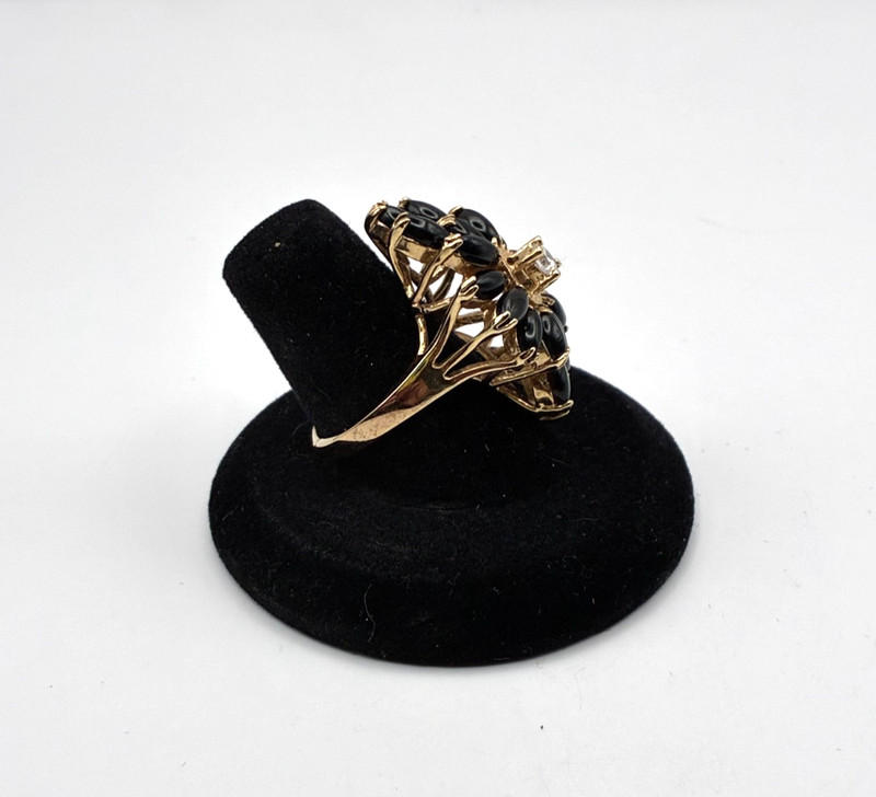 Vintage ONYX & CZ Sterling Vermeil Ring-Sz 8-925+Hallmarks-Marquis Cabochons gallery